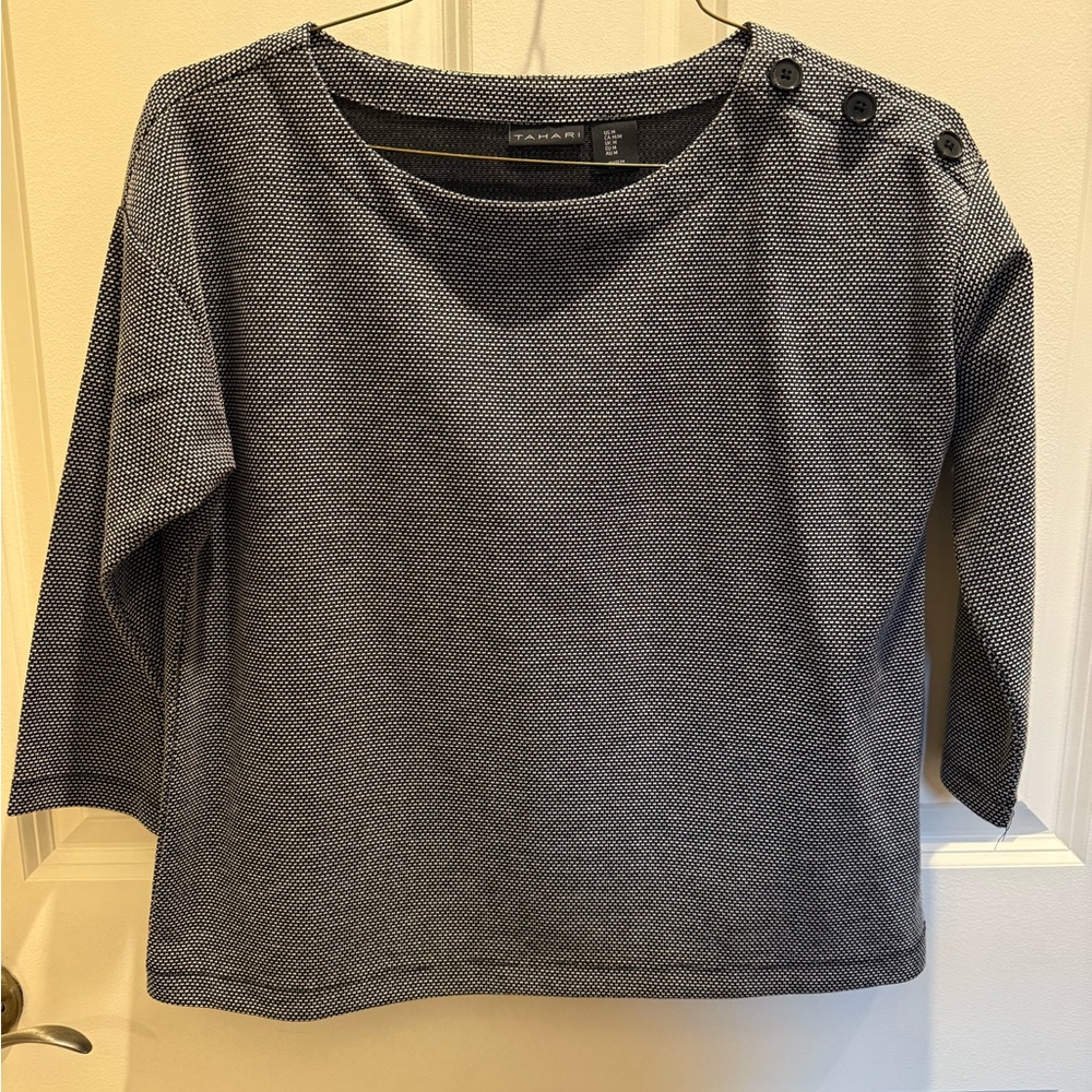 Tahari boat-neck button shoulder black/white 3/4 sleeve top, like new, medium.